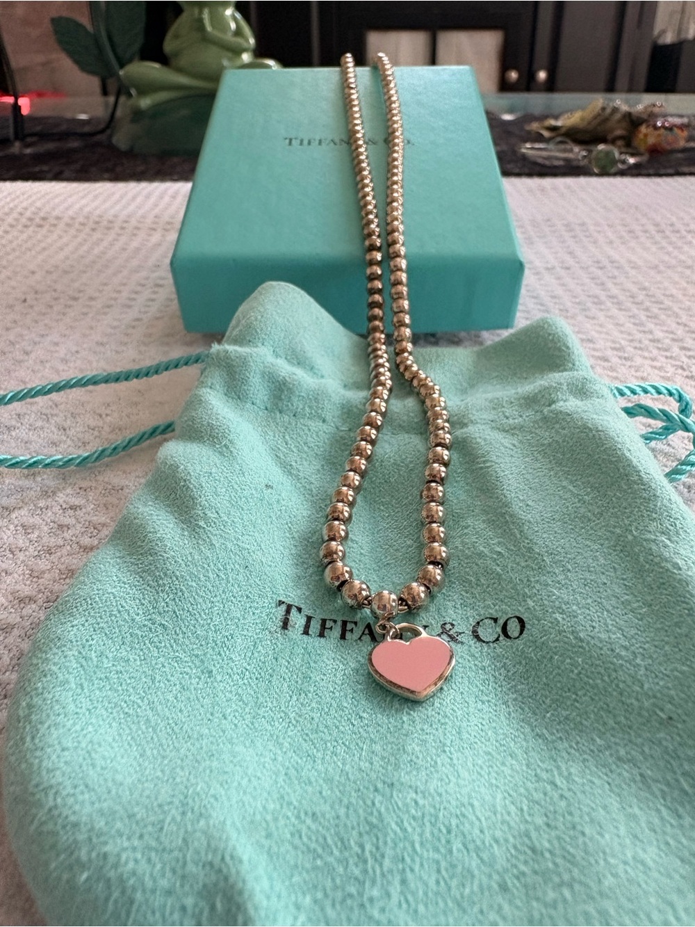 Tiffany & Co. Silver Bead Necklace with Pink Heart Charm